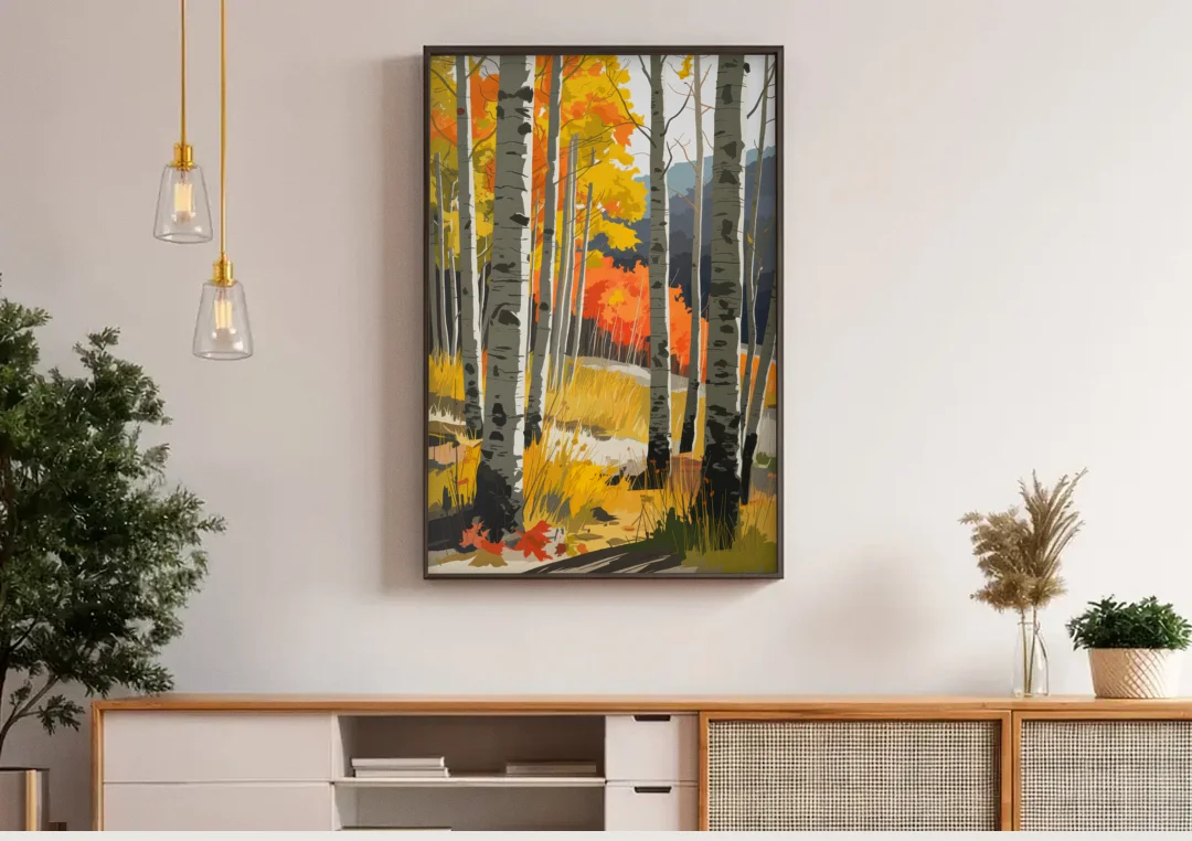 Aspen Vibrant Fall Colors canvas wall art above a wooden sideboard under pendant lights