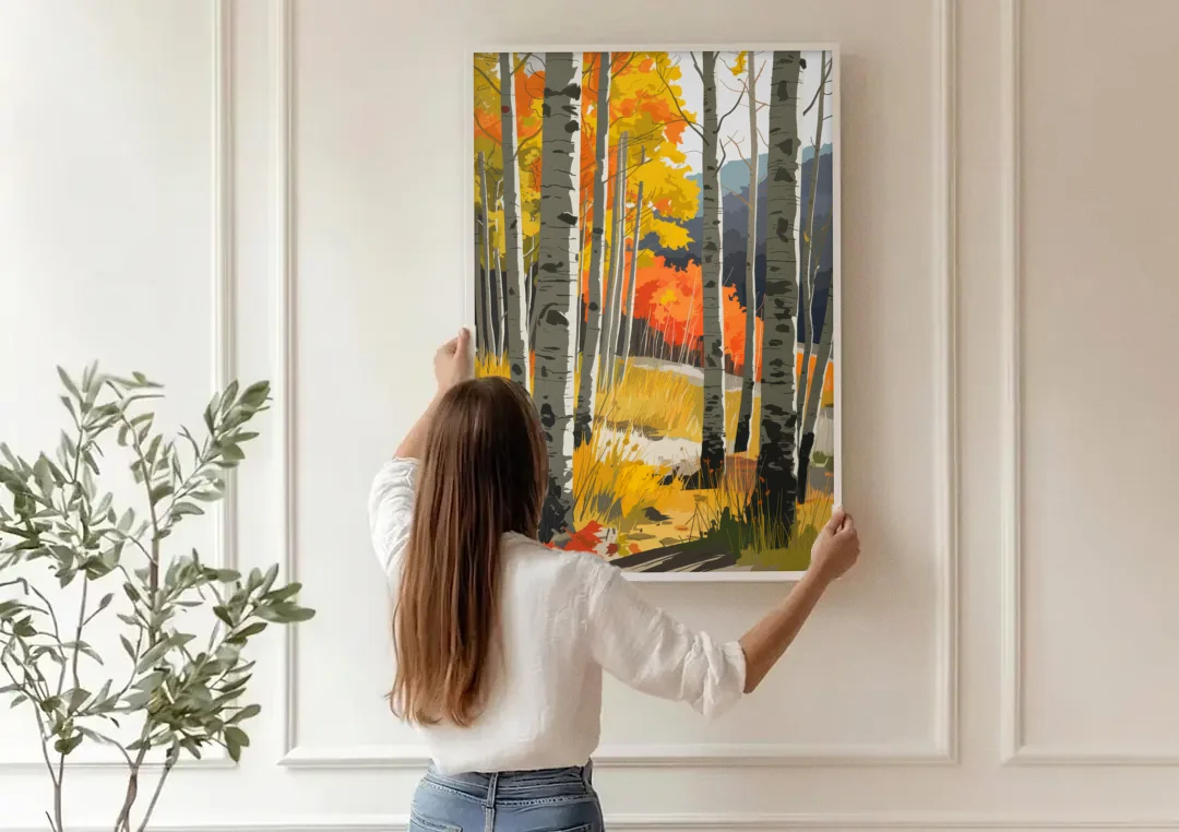 Aspen Vibrant Fall Colors canvas wall art being hung on a paneled wall