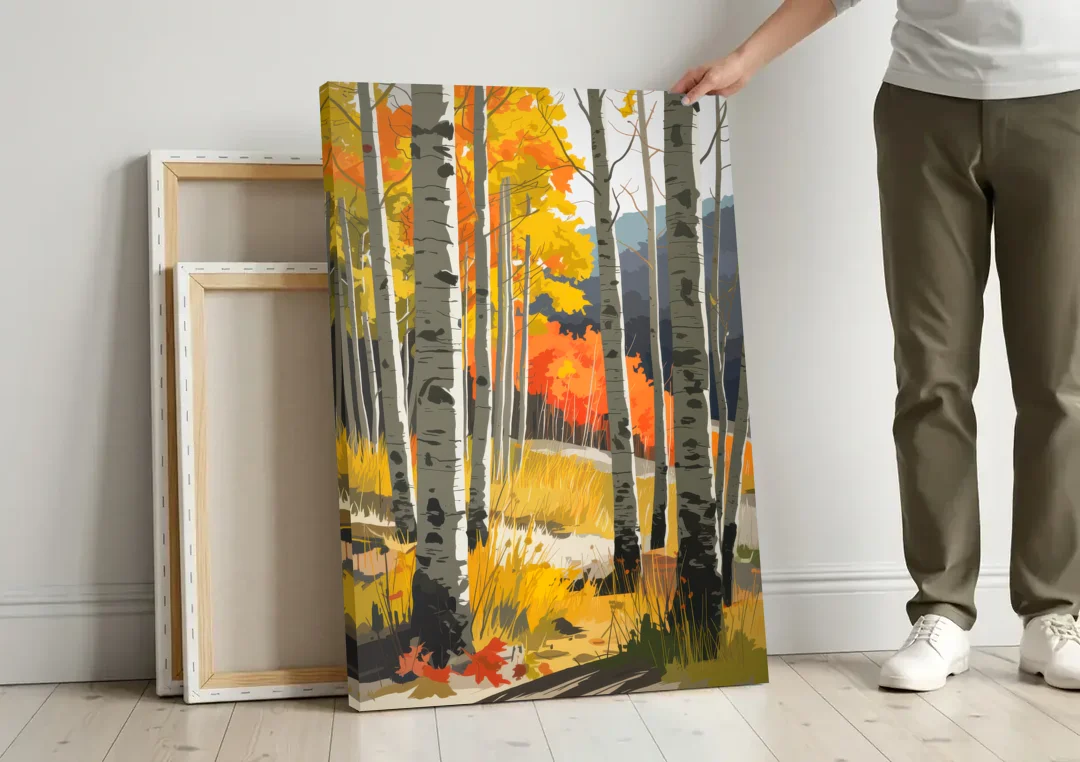 Aspen Vibrant Fall Colors canvas wall art leaning against a wall next to blank canvases