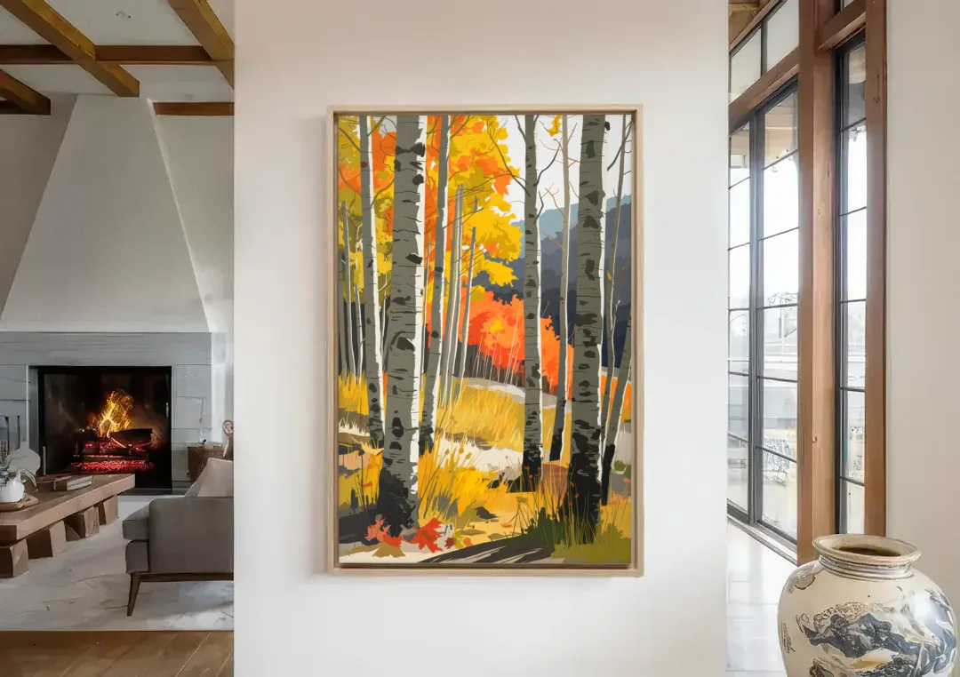 Aspen Vibrant Fall Colors canvas wall art in a living room with a fireplace