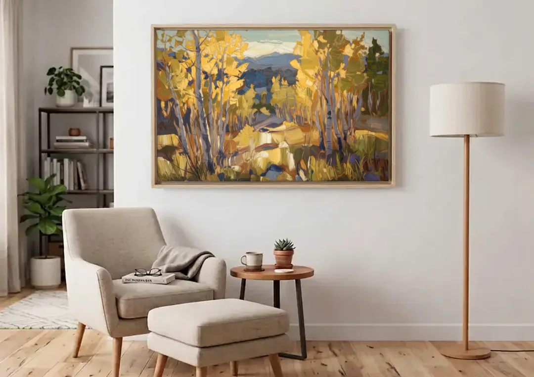 Aspen Wilderness Beauty canvas wall art above an armchair in a bright living room