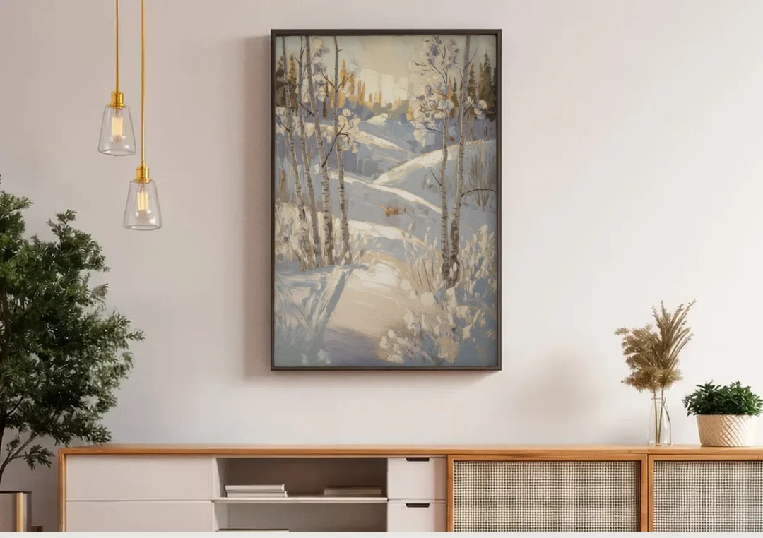 Aspen Winter Wonderland canvas wall art above a wooden sideboard under pendant lights