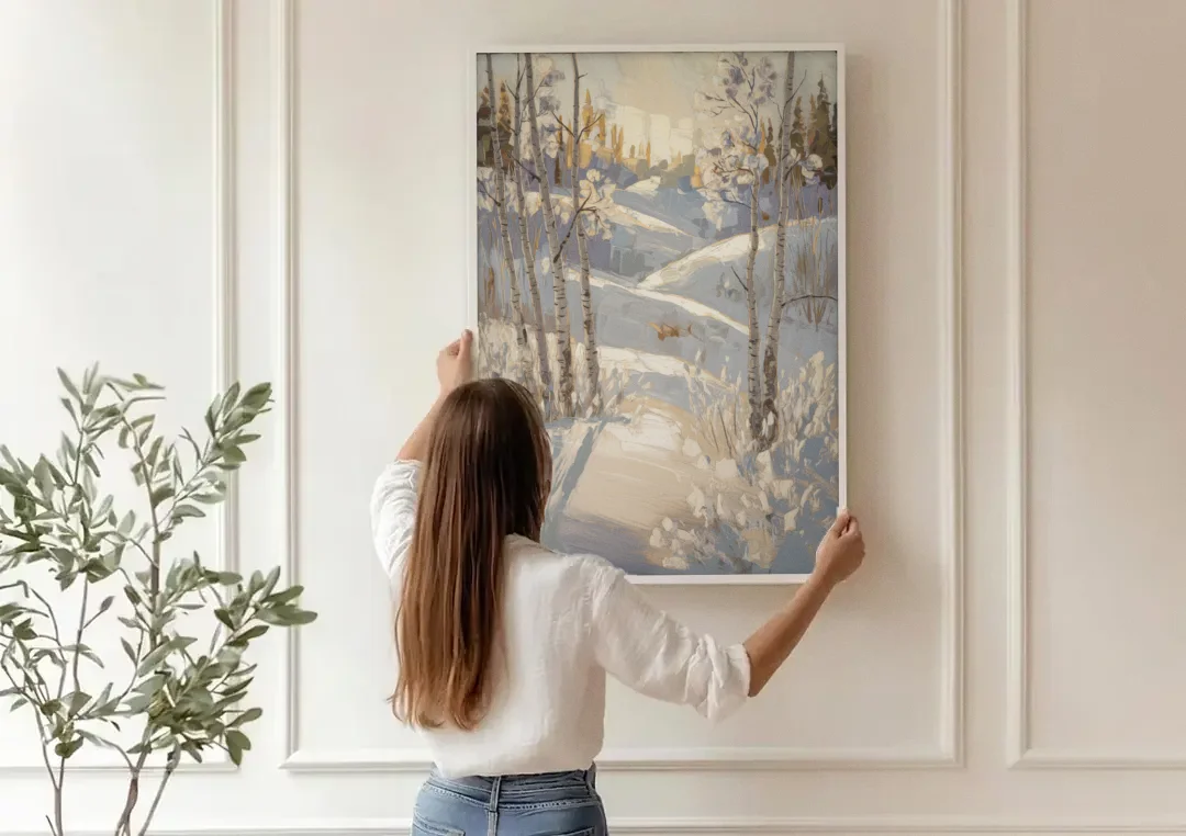 Aspen Winter Wonderland canvas wall art being hung on a paneled wall