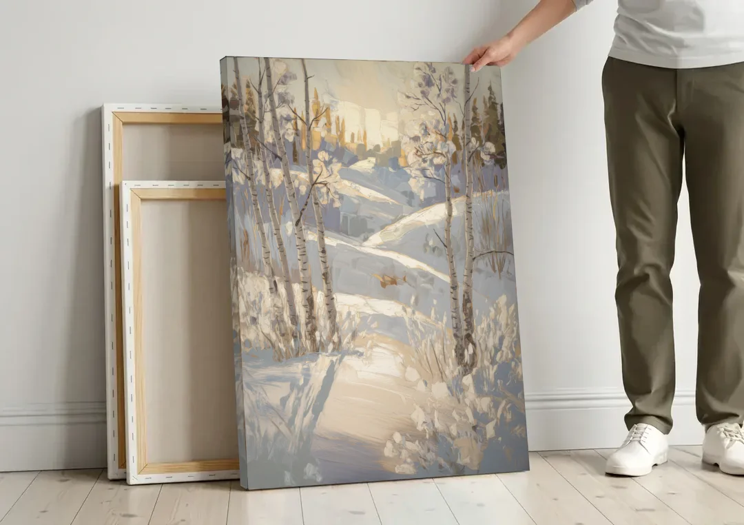 Aspen Winter Wonderland canvas wall art leaning against a wall next to blank canvases