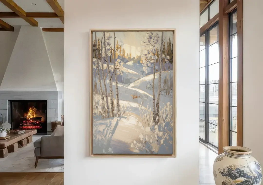 Aspen Winter Wonderland canvas wall art in a living room with a fireplace
