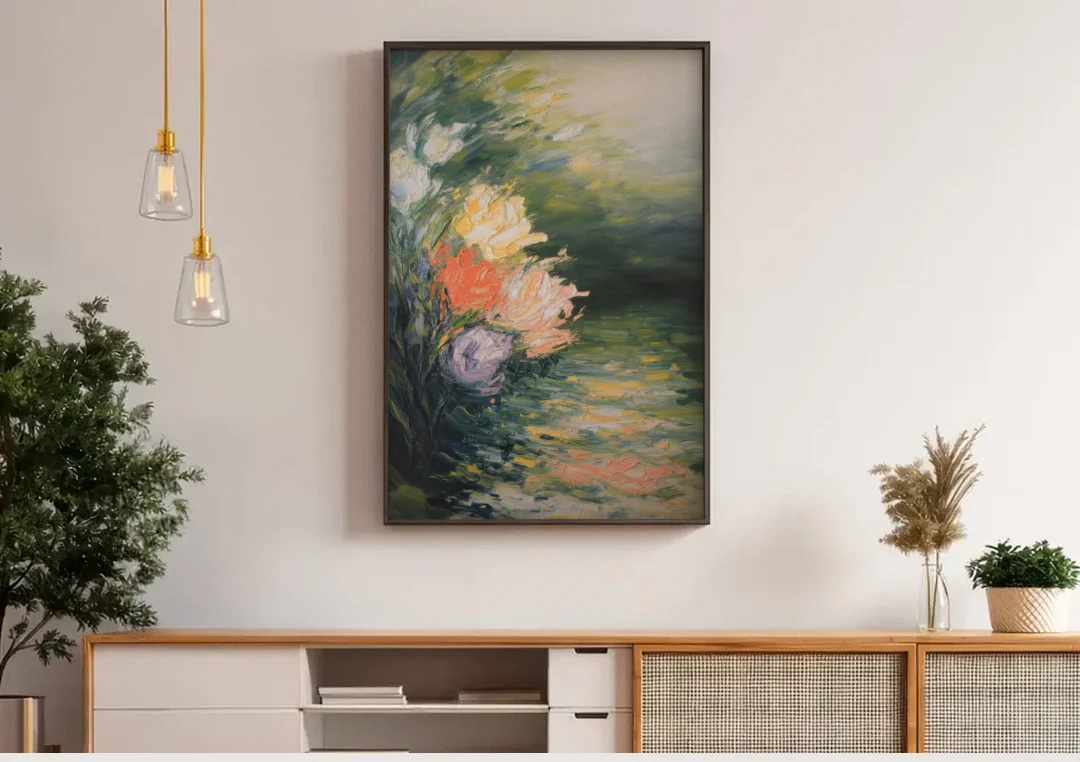 Ateneum Artistry canvas wall art above a wooden sideboard under pendant lights
