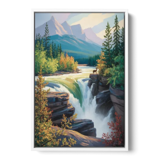 Athabasca Falls Majesty - White Framed Canvas Wall Art - Front