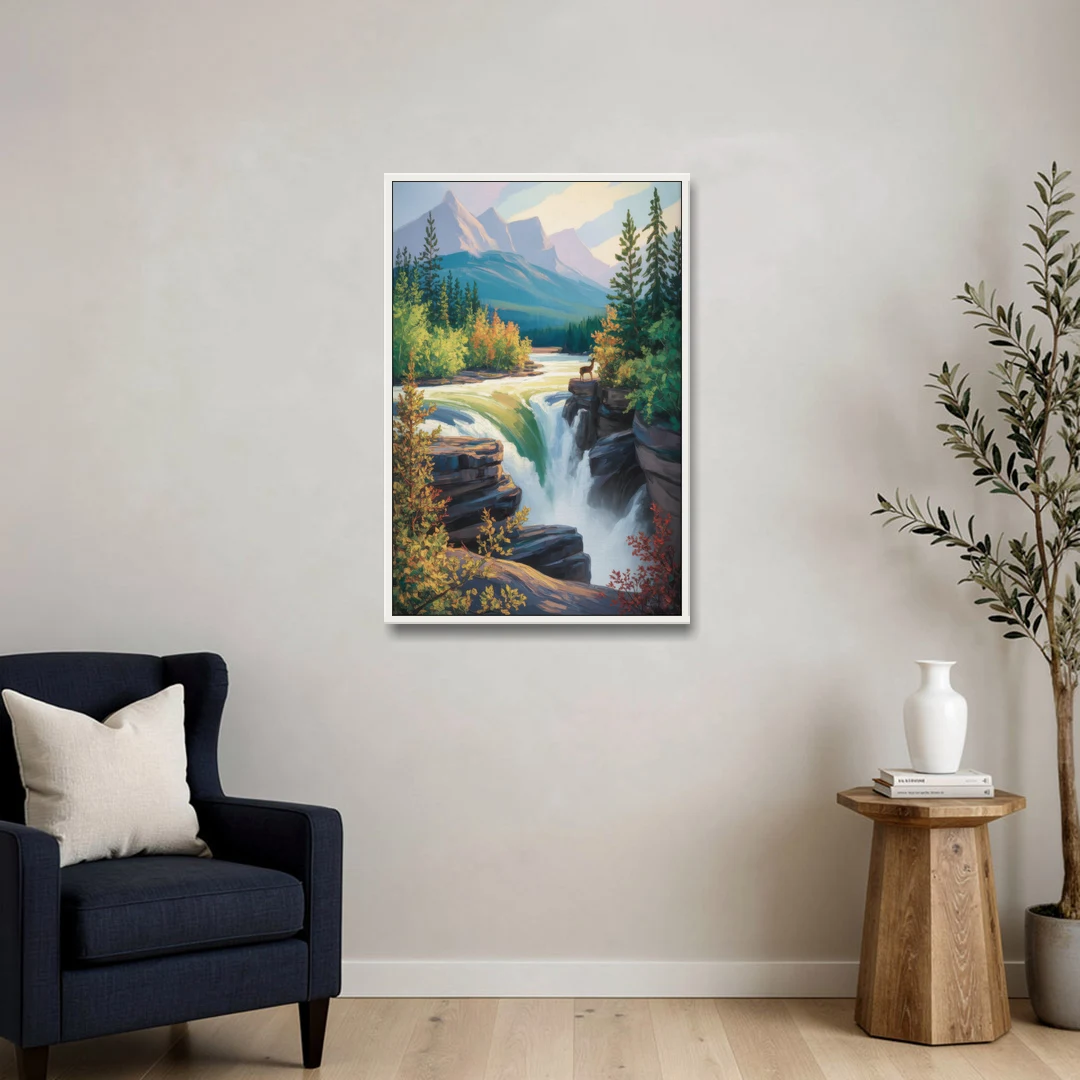 Athabasca Falls Majesty - White Framed Canvas Wall Art - Sofa - 24x36