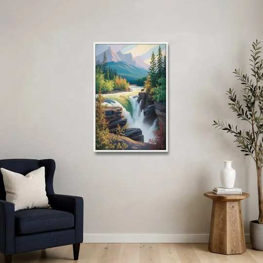 Athabasca Falls Majesty - White Framed Canvas Wall Art - Sofa - 24x36