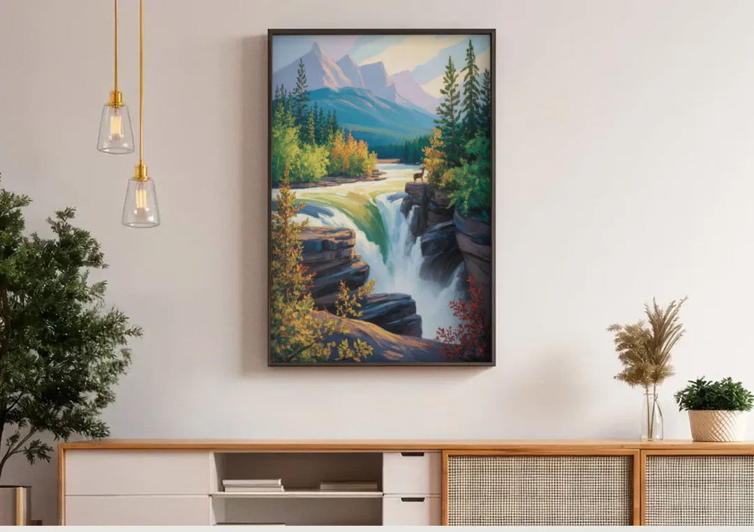 Athabasca Falls Majesty canvas wall art above a wooden sideboard under pendant lights