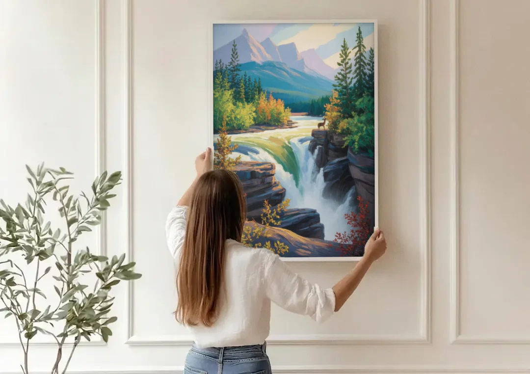 Athabasca Falls Majesty canvas wall art being hung on a paneled wall