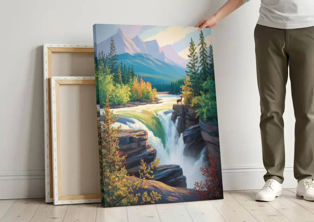 Athabasca Falls Majesty canvas wall art leaning against a wall next to blank canvases
