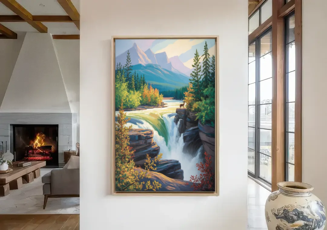 Athabasca Falls Majesty canvas wall art in a living room with a fireplace