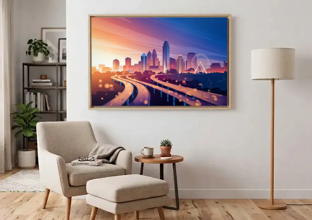 Atlanta Aerial City View canvas wall art above an armchair in a bright living room