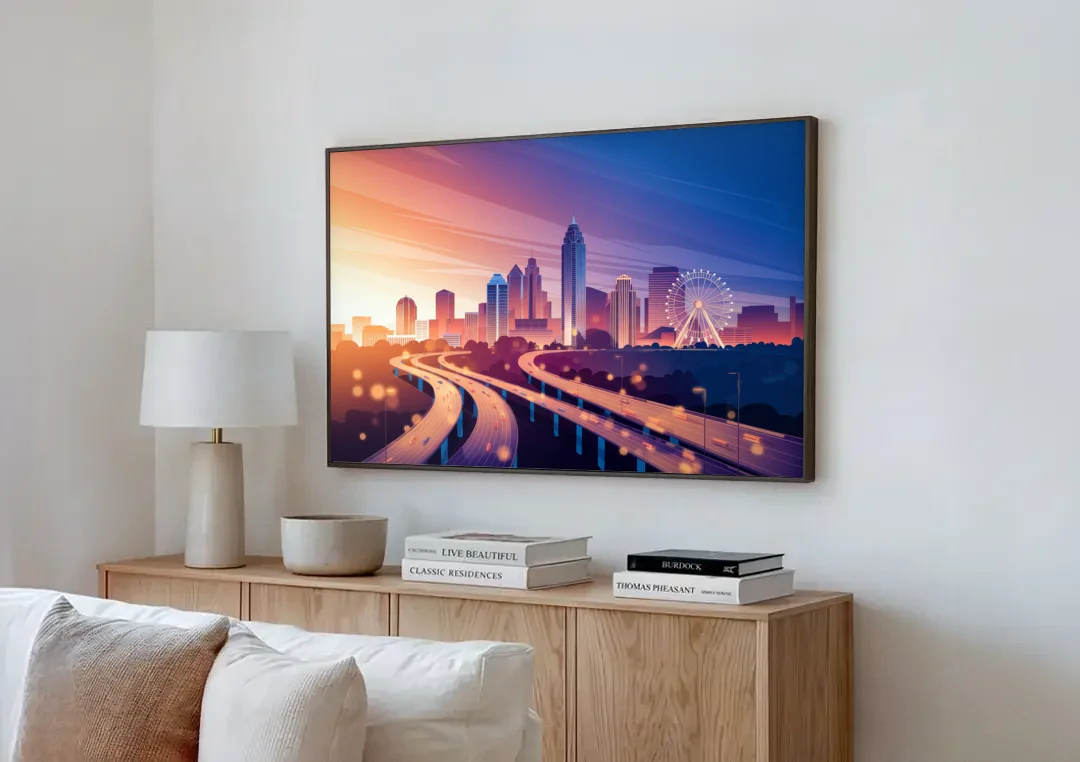 Atlanta Aerial City View canvas wall art above a wooden sideboard next to a sofa