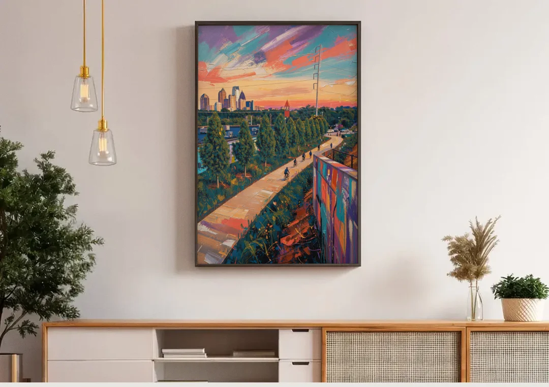 Atlanta Beltline Artwork canvas wall art above a wooden sideboard under pendant lights