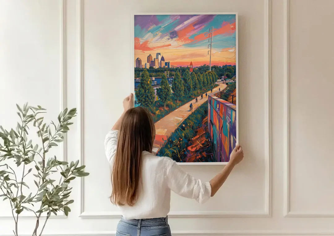 Atlanta Beltline Artwork canvas wall art being hung on a paneled wall