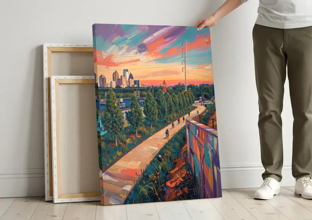 Atlanta Beltline Artwork canvas wall art leaning against a wall next to blank canvases