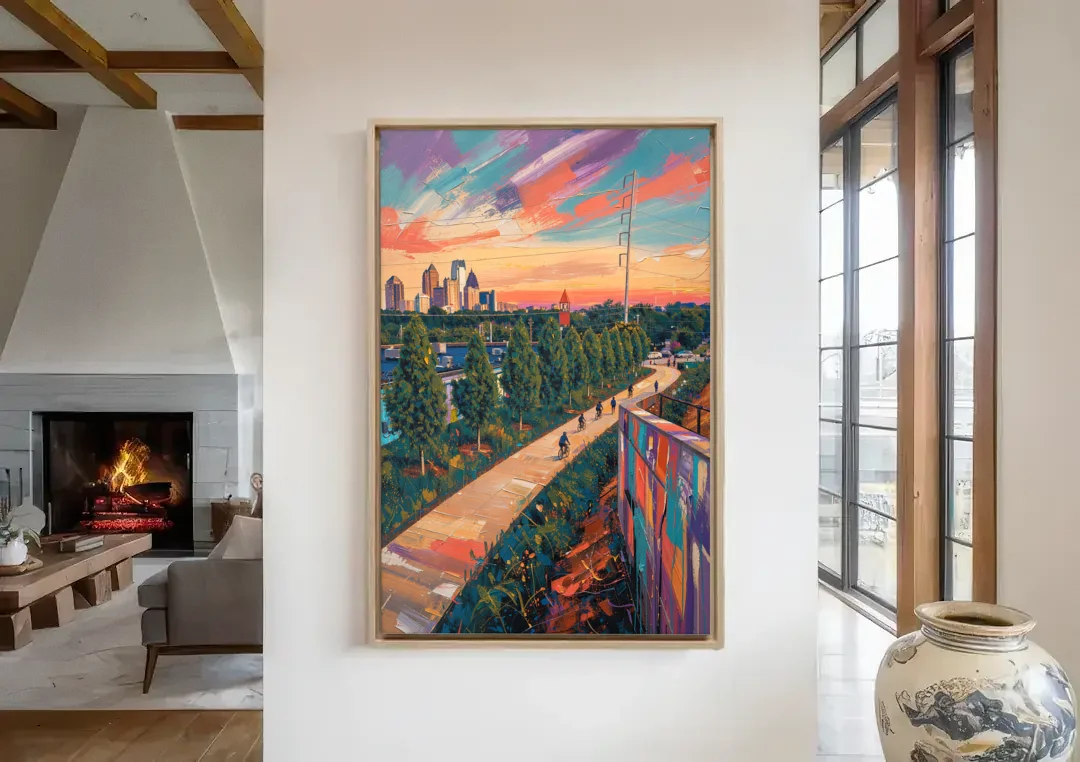 Atlanta Beltline Artwork canvas wall art in a living room with a fireplace