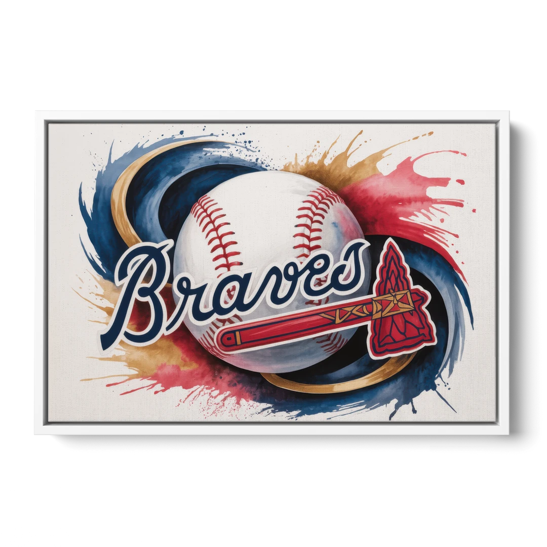 Atlanta Braves Abstract Watercolor Artwork with Iconic Motifs - White Framed Canvas Wall Art - Front
