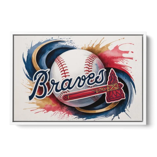 Atlanta Braves Abstract Watercolor Artwork with Iconic Motifs - White Framed Canvas Wall Art - Front
