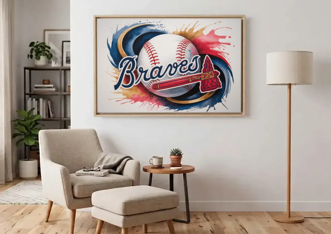 Atlanta Braves Abstract Watercolor Artwork with Iconic Motifs canvas wall art above an armchair in a bright living room