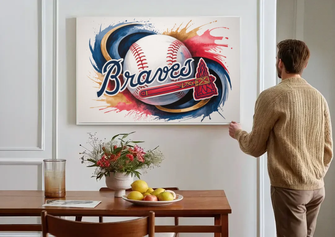 Atlanta Braves Abstract Watercolor Artwork with Iconic Motifs canvas wall art above a dining table