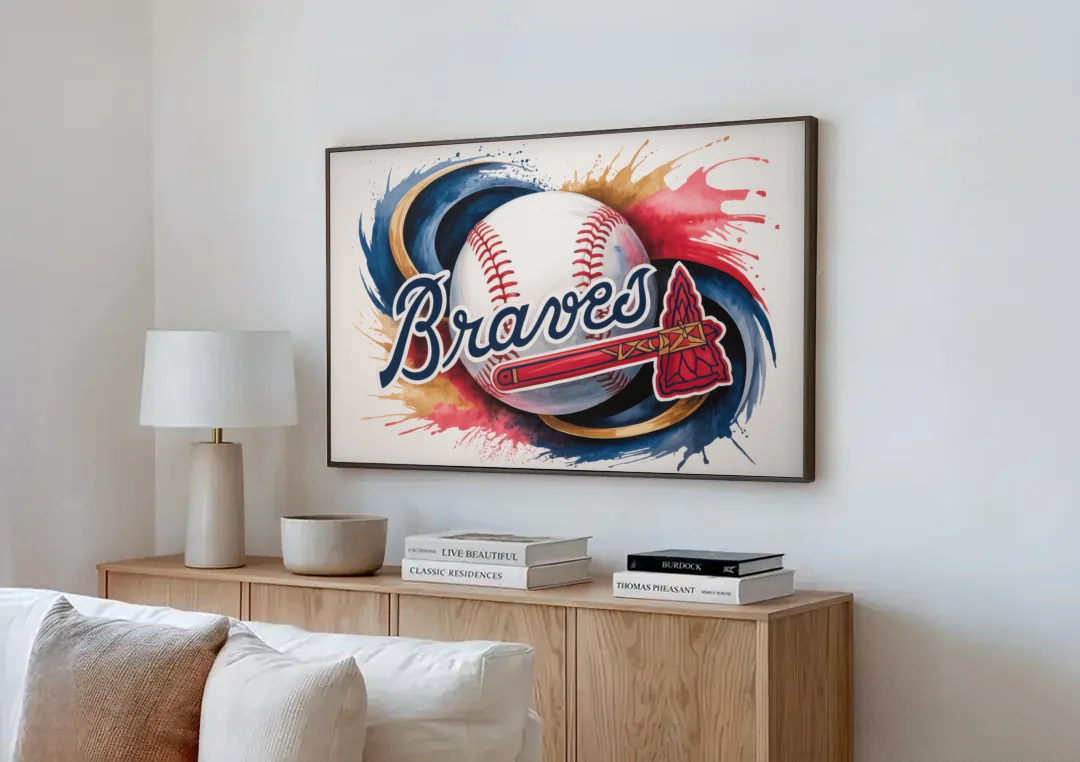 Atlanta Braves Abstract Watercolor Artwork with Iconic Motifs canvas wall art above a wooden sideboard next to a sofa