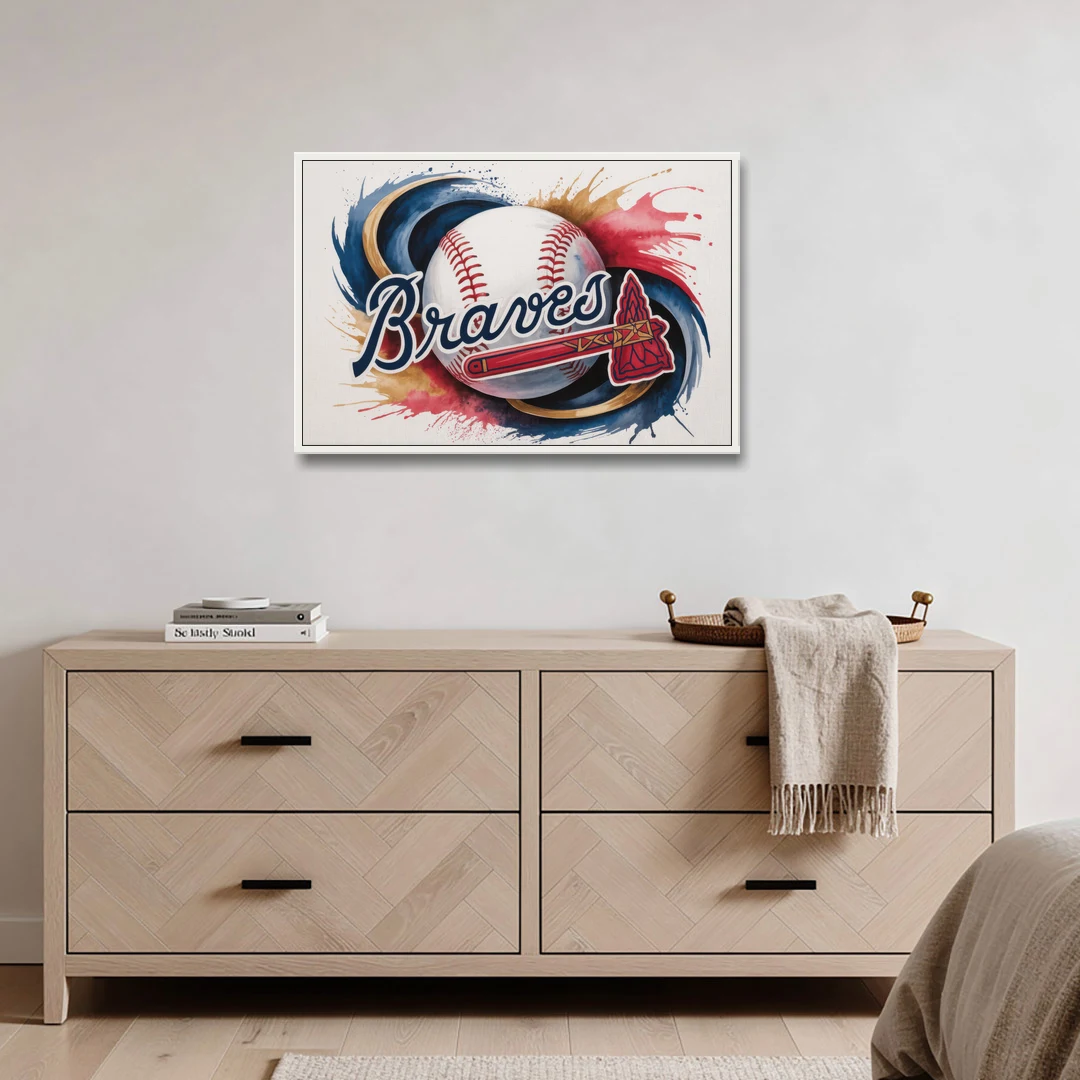 Atlanta Braves Abstract Watercolor Artwork with Iconic Motifs - White Framed Canvas Wall Art - Coffee Table - 36x24