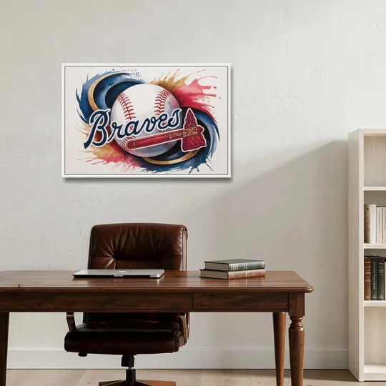 Atlanta Braves Abstract Watercolor Artwork with Iconic Motifs - White Framed Canvas Wall Art - Office - 36x24
