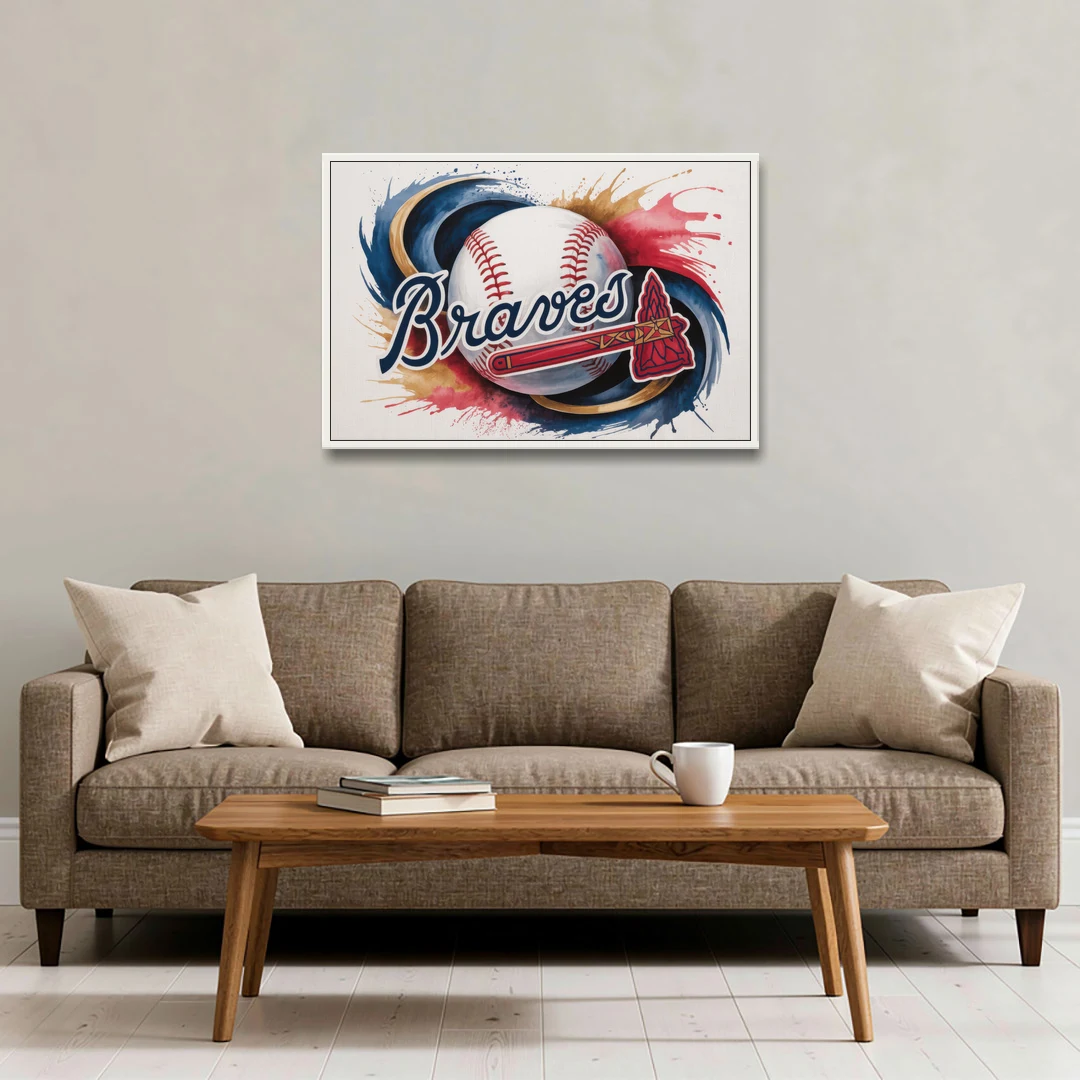 Atlanta Braves Abstract Watercolor Artwork with Iconic Motifs - White Framed Canvas Wall Art - Sofa - 36x24