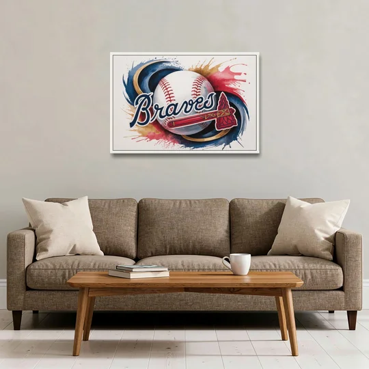 Atlanta Braves Abstract Watercolor Artwork with Iconic Motifs - White Framed Canvas Wall Art - Sofa - 36x24