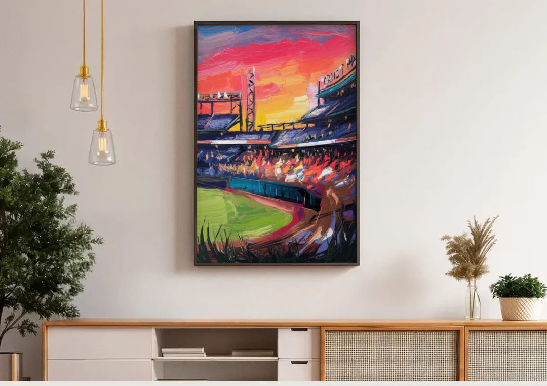 Atlanta Braves Photography Print canvas wall art above a wooden sideboard under pendant lights