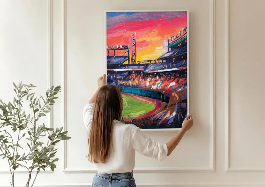 Atlanta Braves Photography Print canvas wall art being hung on a paneled wall