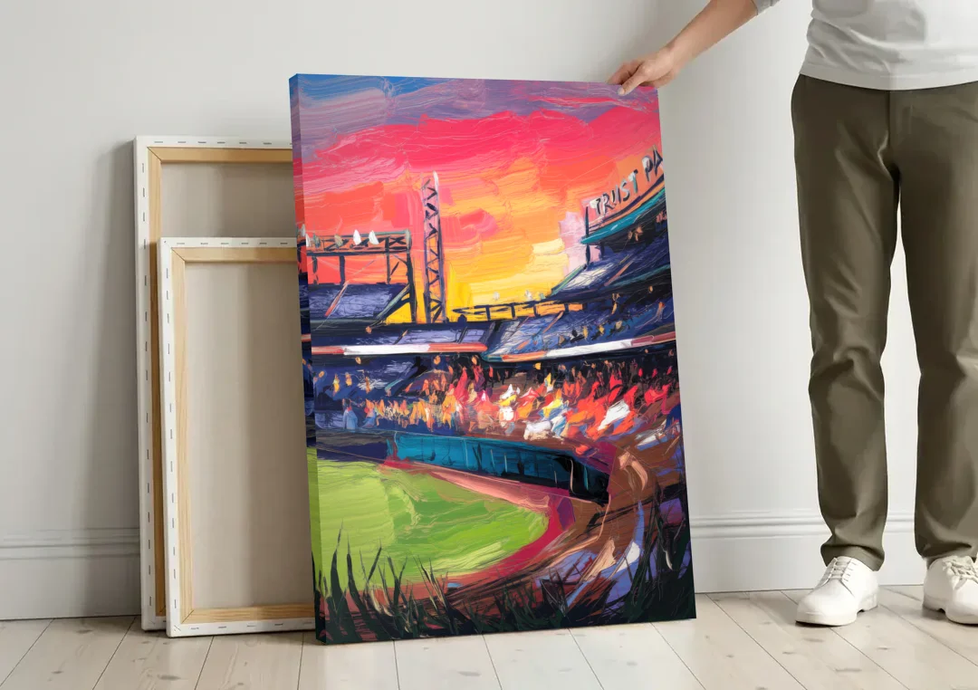 Atlanta Braves Photography Print canvas wall art leaning against a wall next to blank canvases