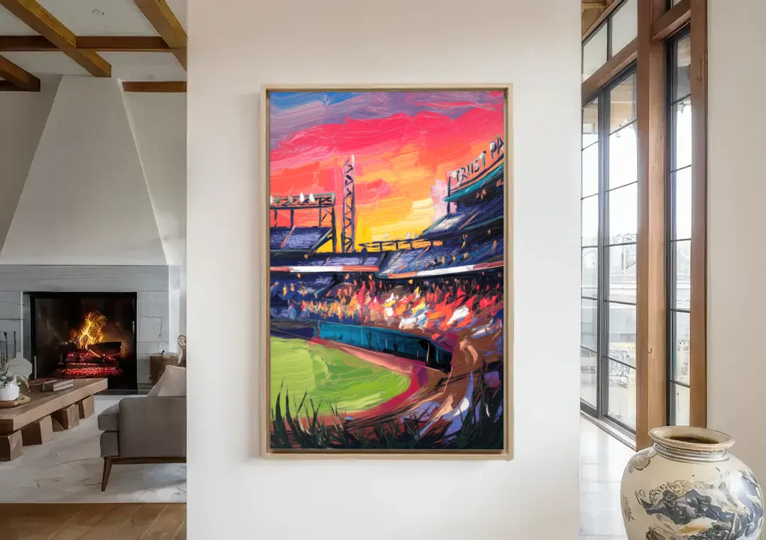 Atlanta Braves Photography Print canvas wall art in a living room with a fireplace