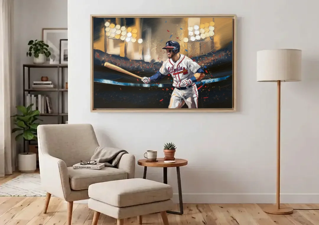 Atlanta Braves World Series Celebration canvas wall art above an armchair in a bright living room