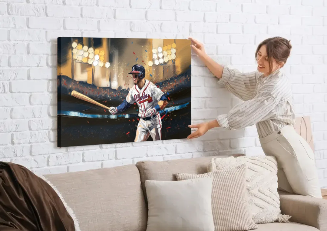 Atlanta Braves World Series Celebration canvas wall art being hung on a white brick wall above a sofa