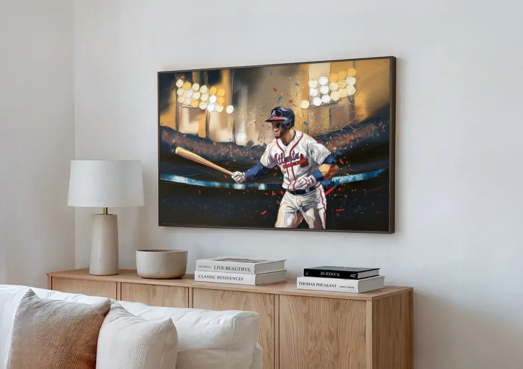 Atlanta Braves World Series Celebration canvas wall art above a wooden sideboard next to a sofa