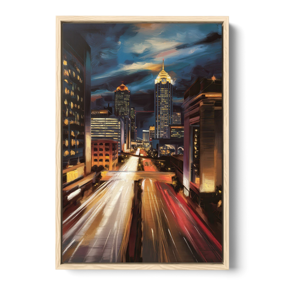 Atlanta Cityscape at Night - Oak Framed Canvas Wall Art - Front