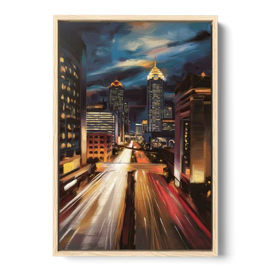 Atlanta Cityscape at Night - Oak Framed Canvas Wall Art - Front