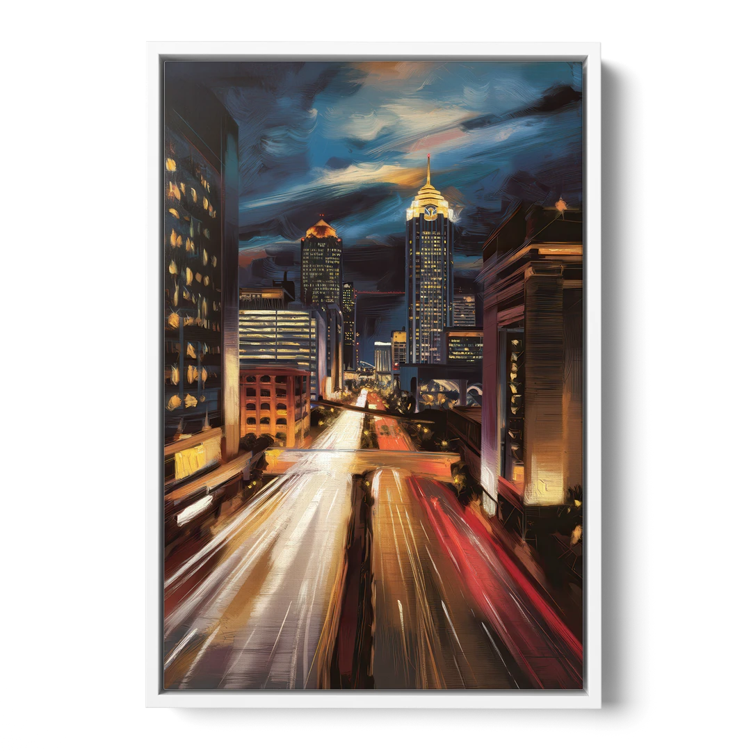 Atlanta Cityscape at Night - White Framed Canvas Wall Art - Front