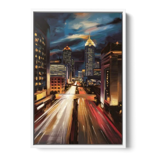 Atlanta Cityscape at Night - White Framed Canvas Wall Art - Front