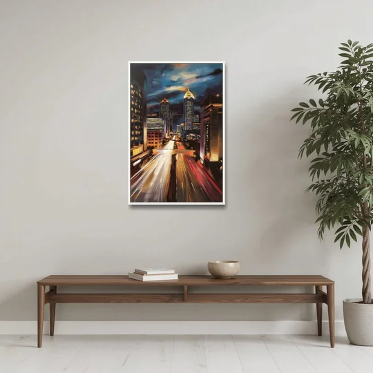 Atlanta Cityscape at Night - White Framed Canvas Wall Art - Coffee Table - 24x36