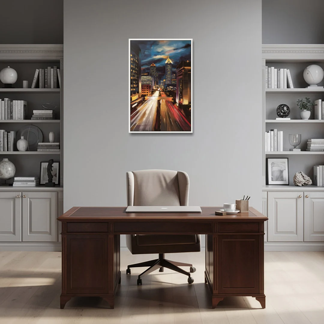 Atlanta Cityscape at Night - White Framed Canvas Wall Art - Office - 24x36