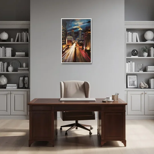 Atlanta Cityscape at Night - White Framed Canvas Wall Art - Office - 24x36
