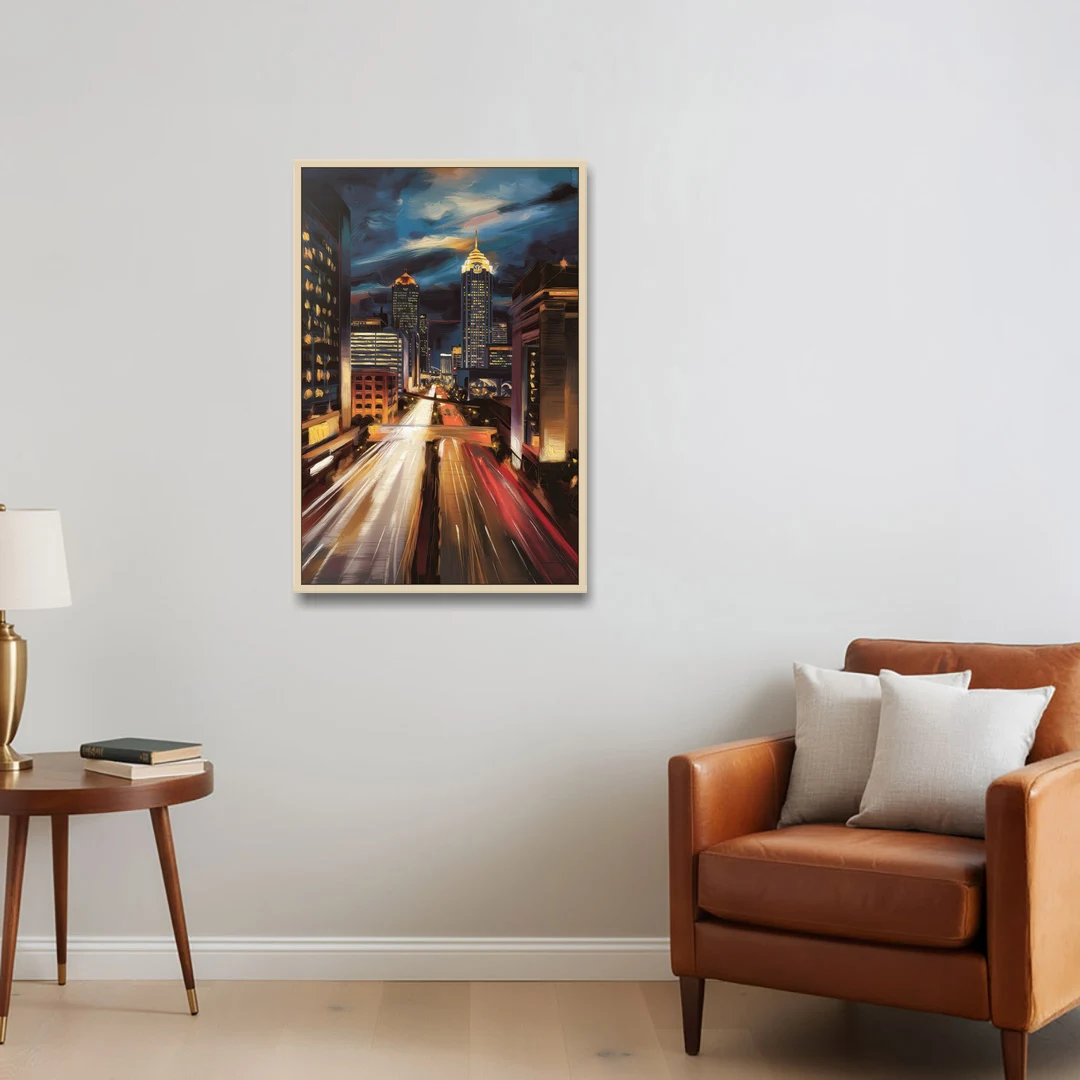 Atlanta Cityscape at Night - Oak Framed Canvas Wall Art - Sofa - 24x36