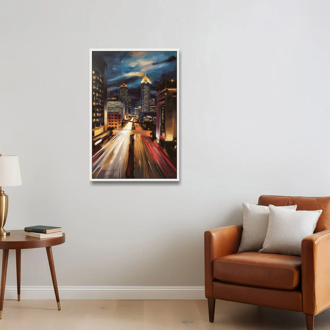 Atlanta Cityscape at Night - White Framed Canvas Wall Art - Sofa - 24x36