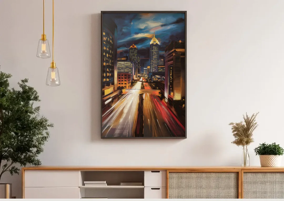 Atlanta Cityscape at Night canvas wall art above a wooden sideboard under pendant lights