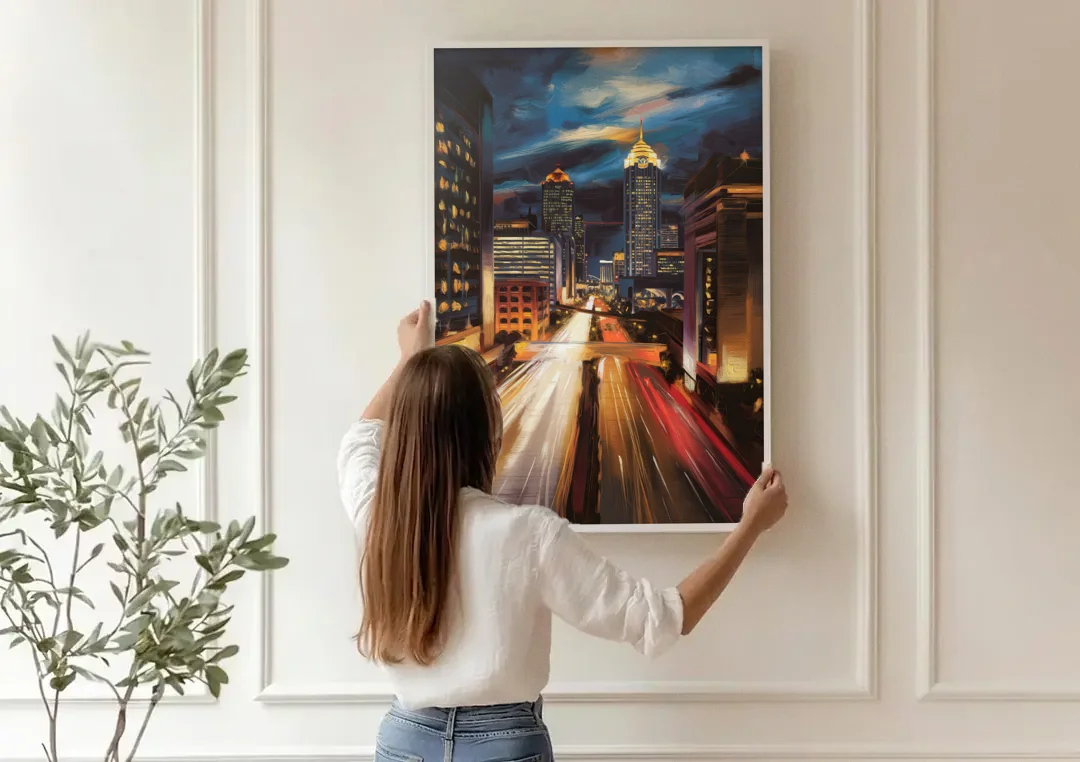 Atlanta Cityscape at Night canvas wall art being hung on a paneled wall